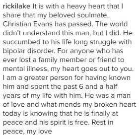Η Ricki Lake και το μηνυμα για τον πρώην σύζυγό της, Christian Evans  